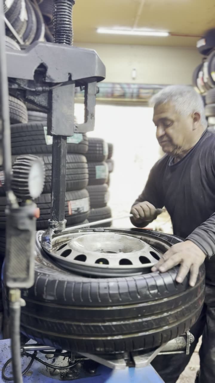 Maestro montando un neumático en la máquina desmontadora
